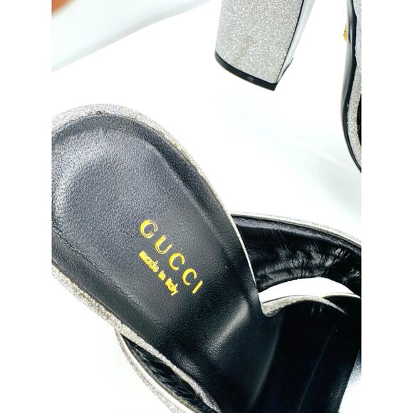 GUCCI Glitter Fabric Webby Crossover High Heel Slide Sandals in Argento 38.5 - Picture 10 of 14